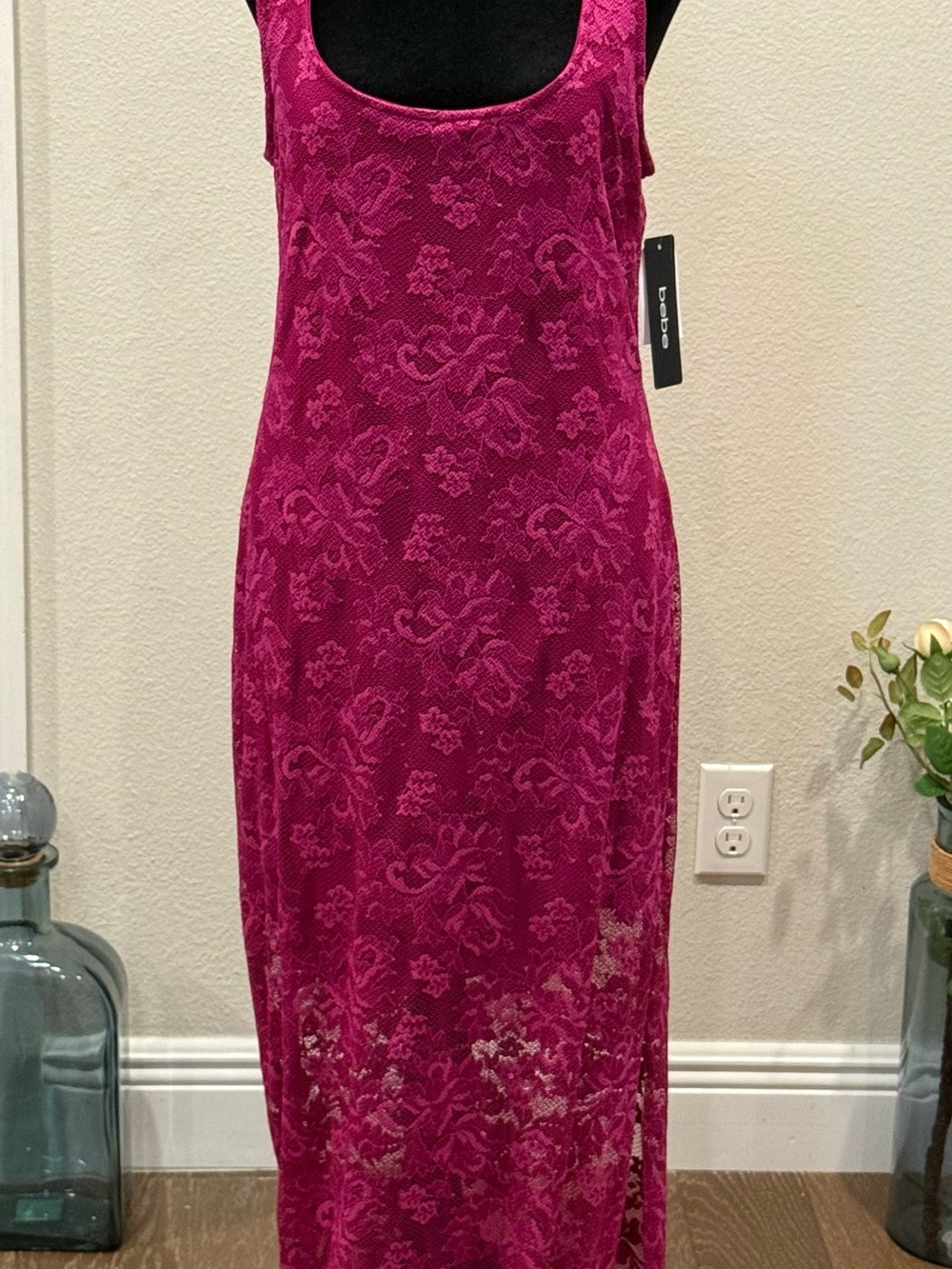 bebe Fuchsia Lace Scoop Neck Maxi Dress